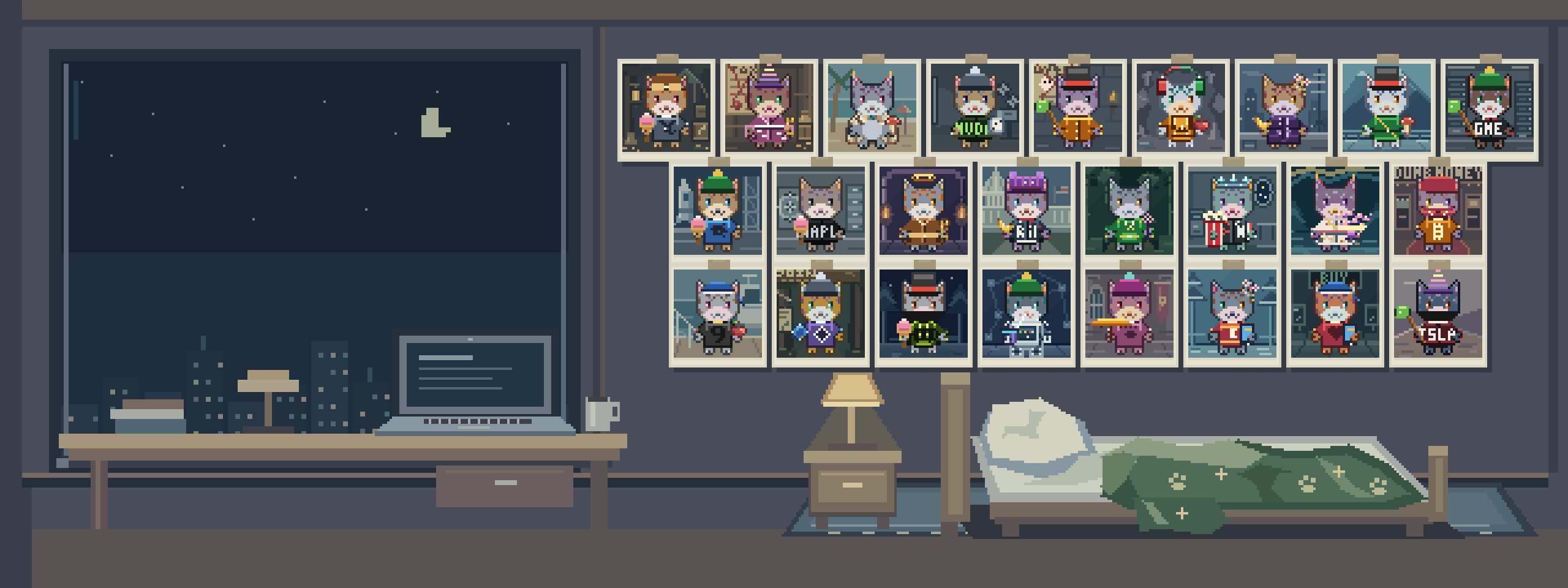 Robin Frens collector room with a panoramic city window, desk, laptop, framed frens and bed